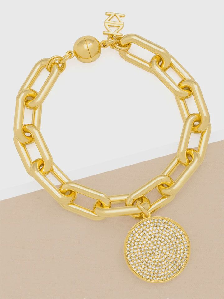 Pavé Disc Charm Link Bracelet Gold