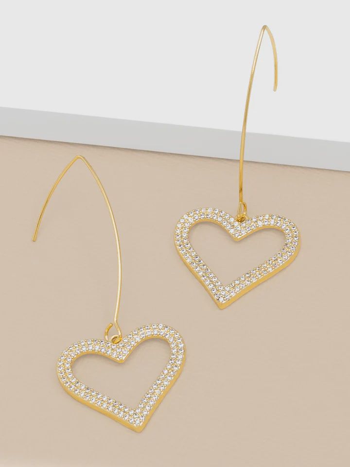 Gold Pavé Heart Long Drop Earring