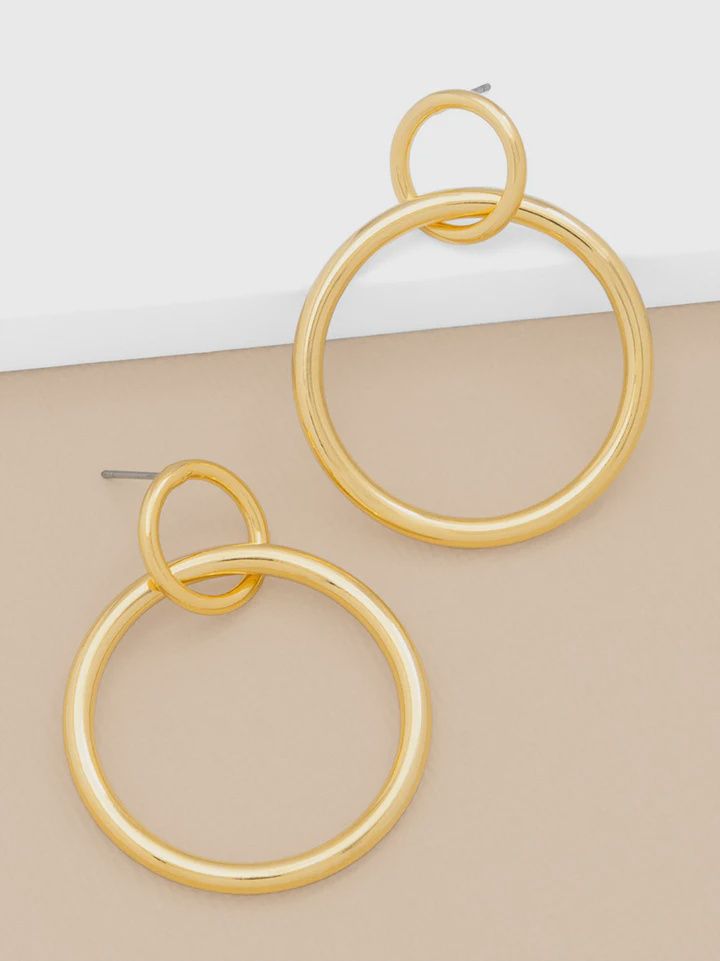Gold Front-Facing Double Hoop Drop Earring