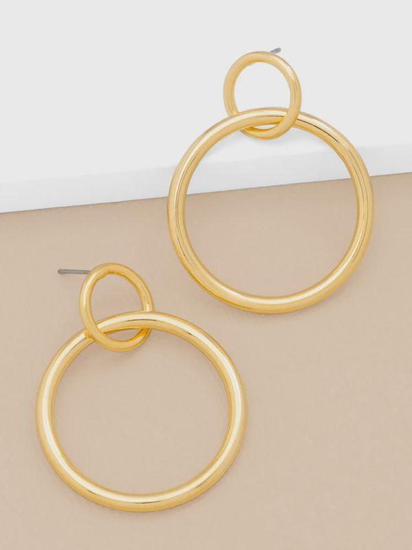 Gold Front-Facing Double Hoop Drop Earring