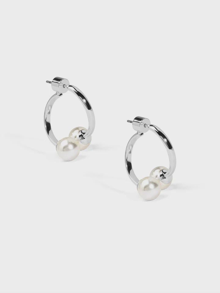Rhodium Pearl Half Hoop Earring