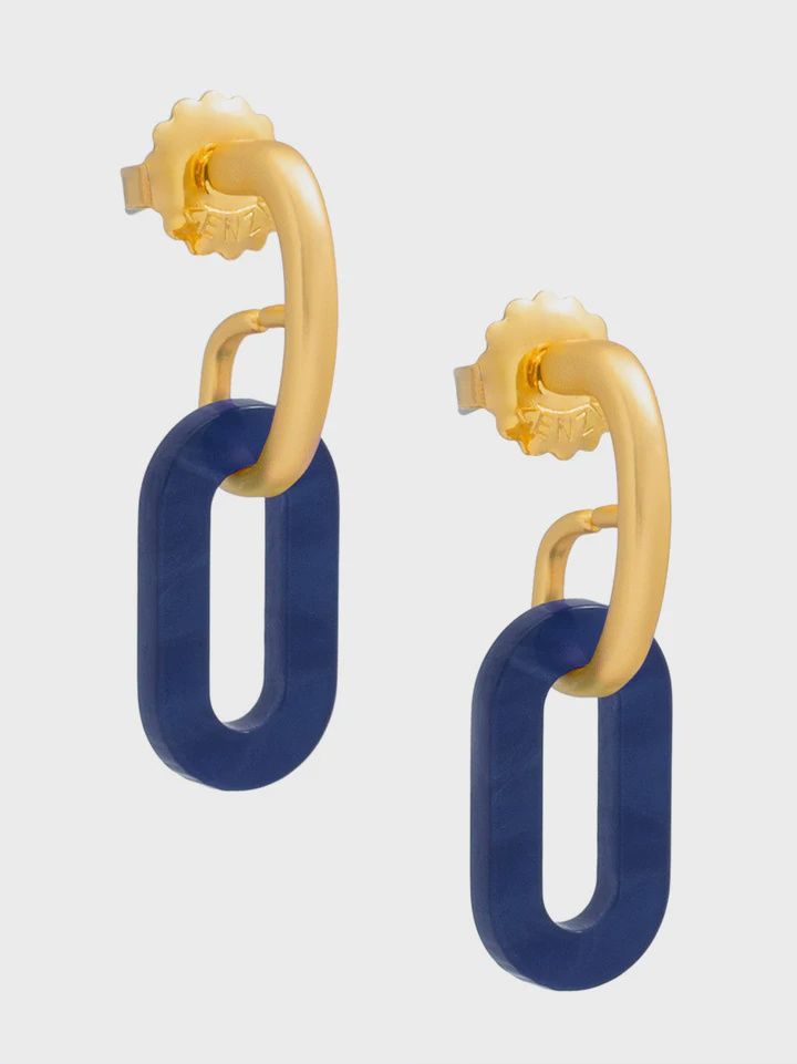 Navy Marbled Resin Link Drop Earring