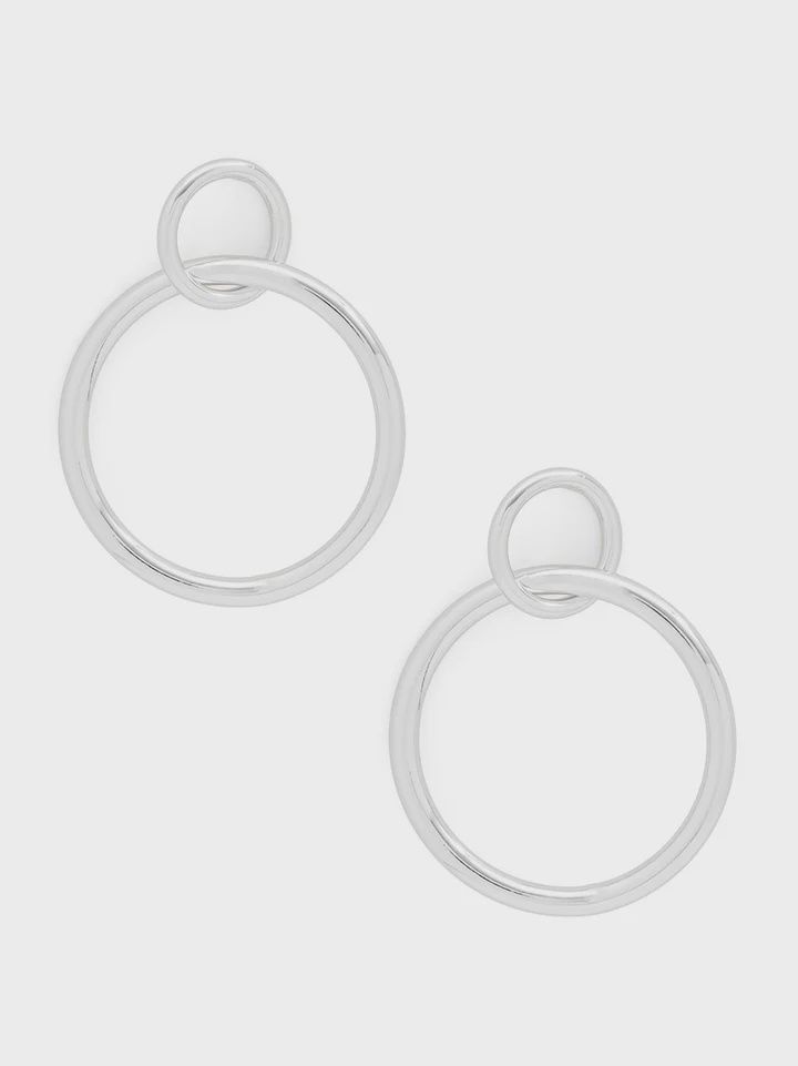 Rhodium Front-Facing Double Hoop Drop Earring
