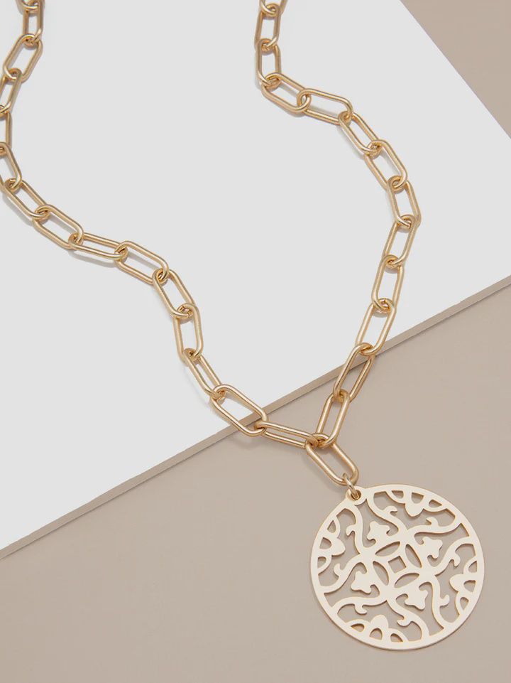 Gold Emblem Pendant and Chain Collar Necklace