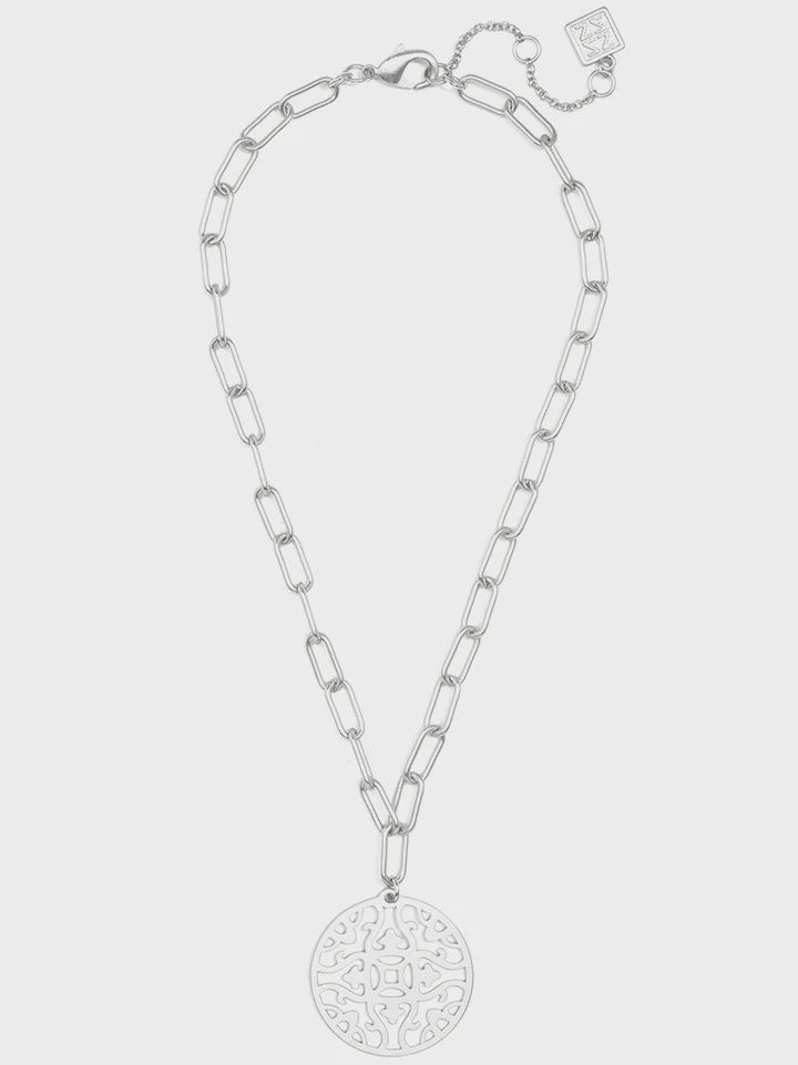Silver Emblem Pendant and Chain Collar Necklace
