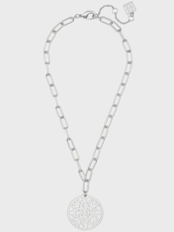 Silver Emblem Pendant and Chain Collar Necklace