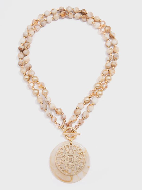 Beige Marbled Resin Beaded Pendant Necklace
