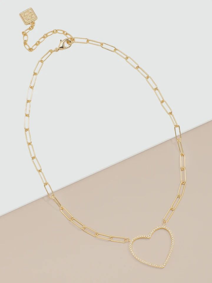 Gold Paperclip Link Necklace With Pavė Heart Charm