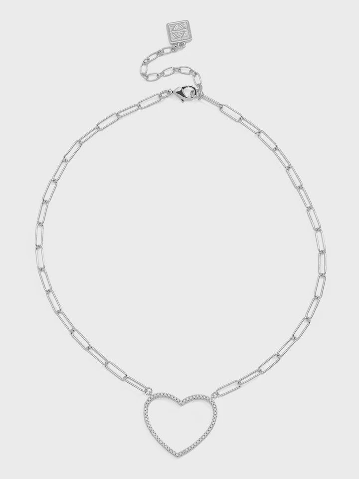 Rhodium Paperclip Link Necklace With Heart Charm