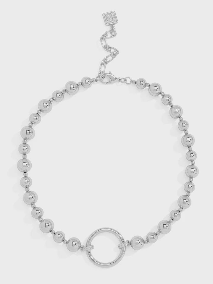 Rhodium Metal Circle Charm Beaded Necklace