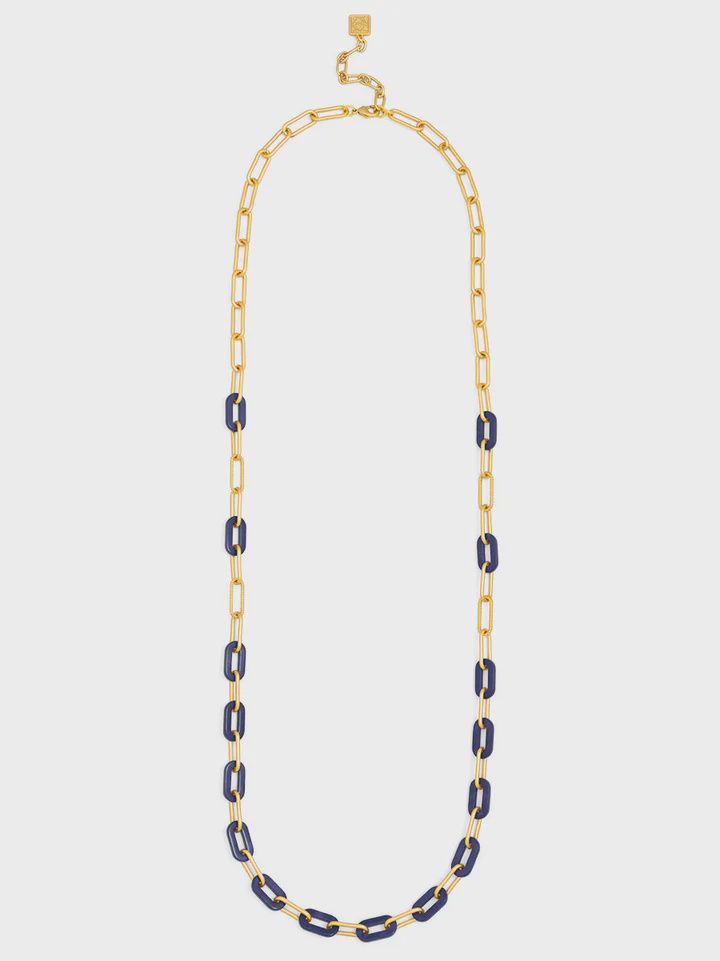 Navy Marbled Resin Link Paperclip Chain Long Necklace
