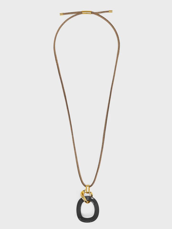 Black Curved Oval Pendant Long Necklace