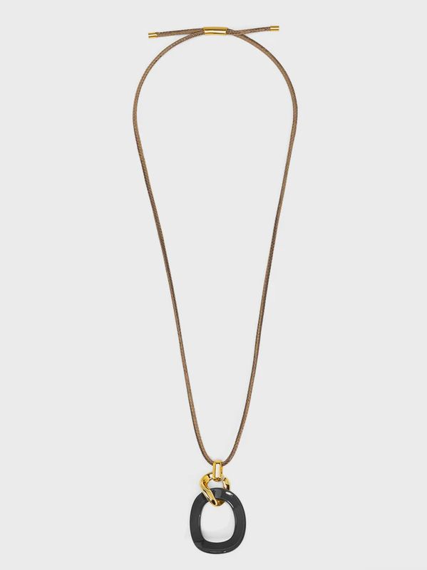 Black Curved Oval Pendant Long Necklace