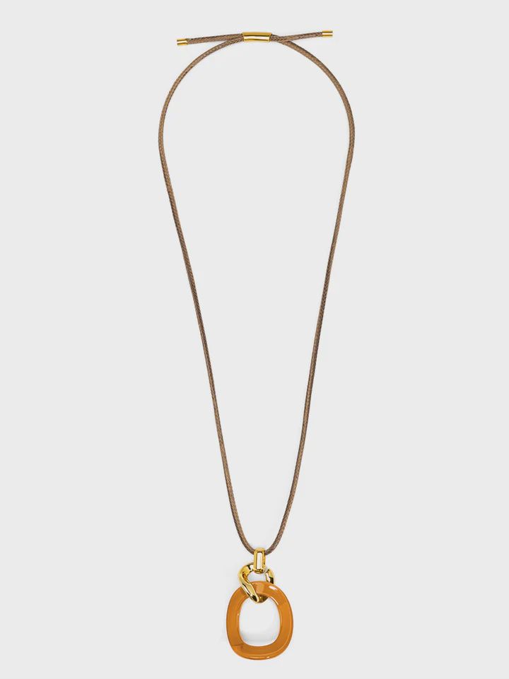 Brown Curved Oval Pendant Long Necklace