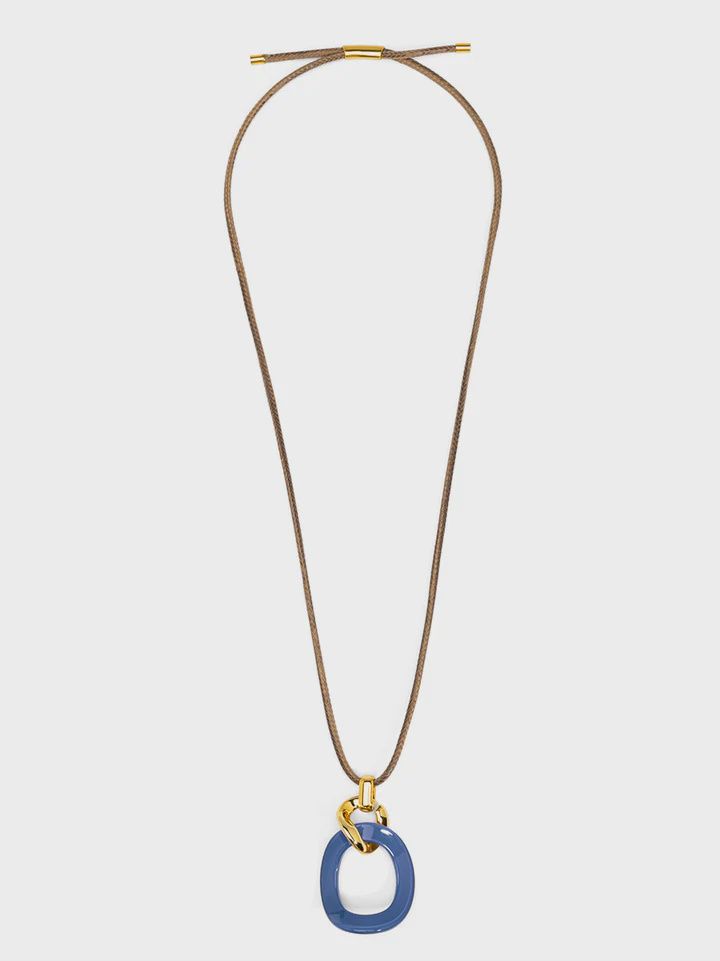 Navy Curved Oval Pendant Long Necklace