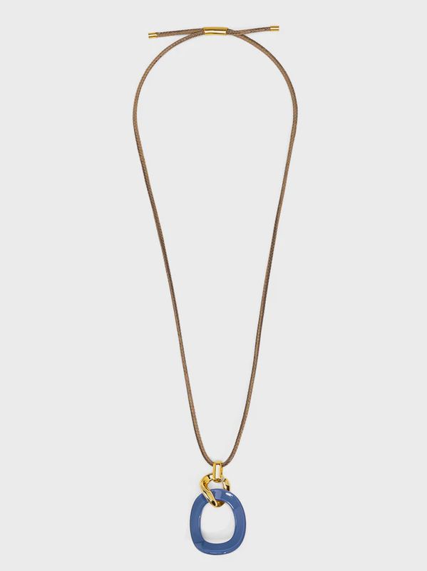 Navy Curved Oval Pendant Long Necklace