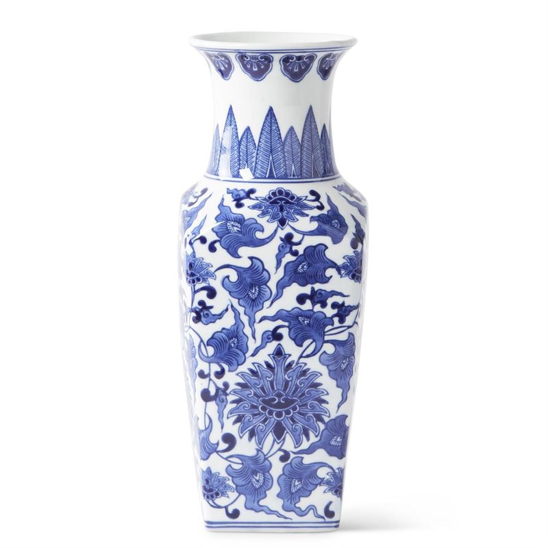 14 Inch Ceramic Blue &amp; White Chinoiserie Square Vase