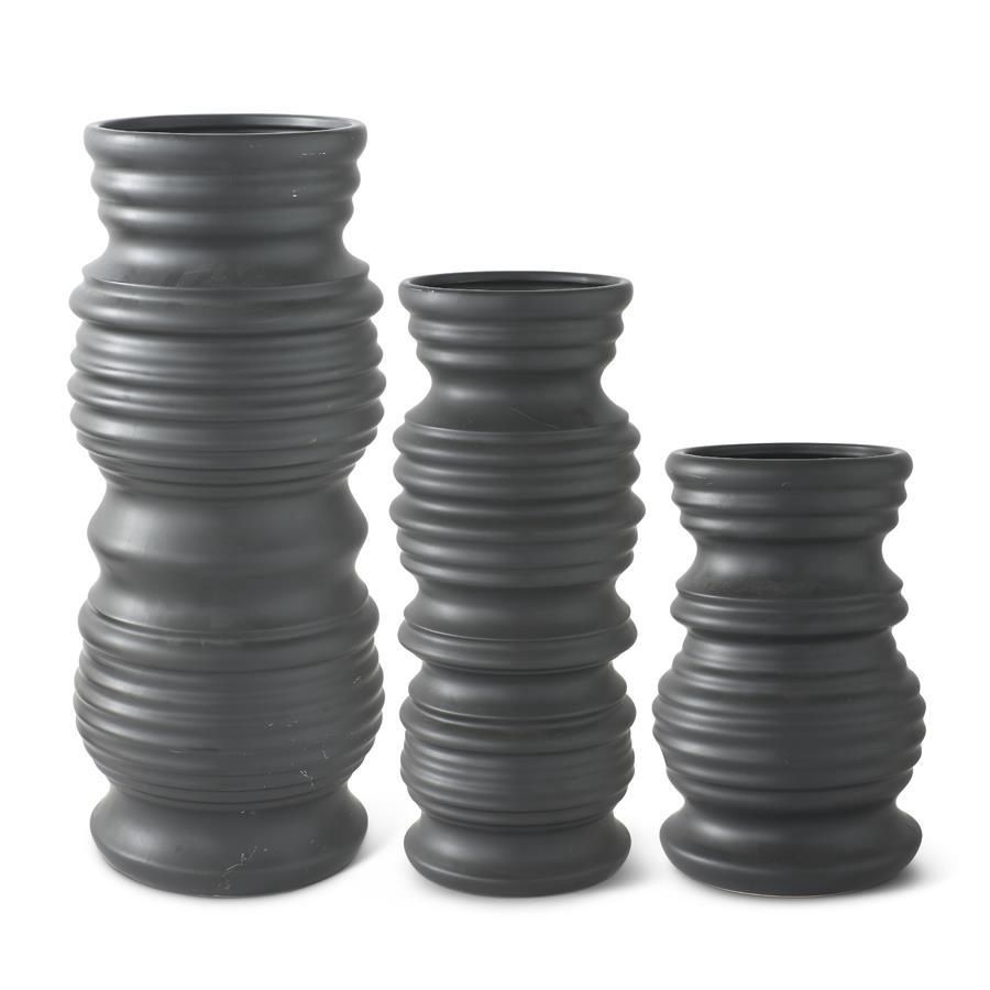 Matte Black Stoneware Ribbed Vase Small