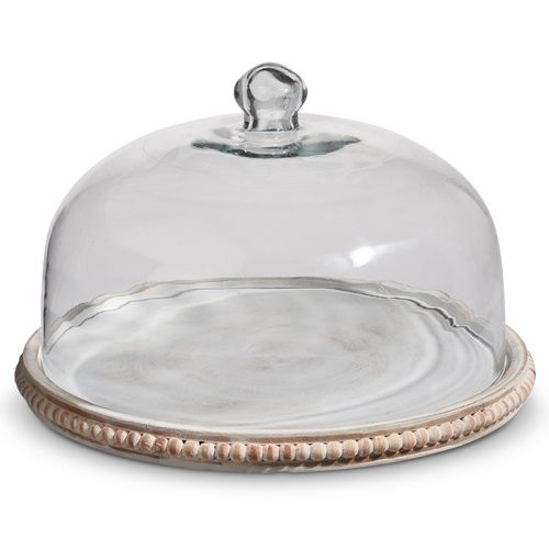 11.75&quot; Whitewash Beaded Tray With Cloche