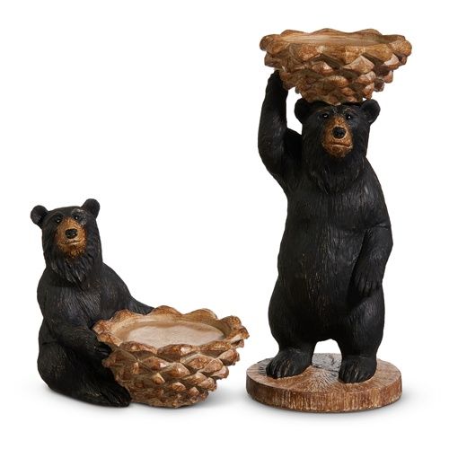 10&quot; Black Bear With Pinecone Candle Holder Standing