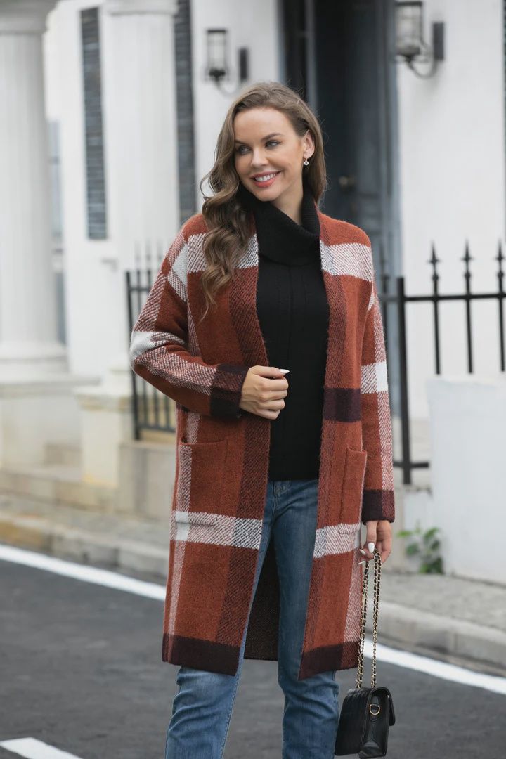Long Knit Cardigan with Pockets, Colour: Rust, Size: SM/M
