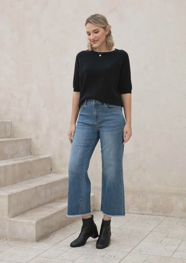 Bamboo Mid Wash Wide Leg Jeans, Colour: Mid Wash, Size: S