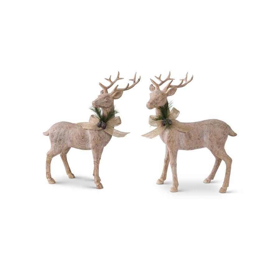 11&quot; Resin Natural Wood Reindeer w/Bow