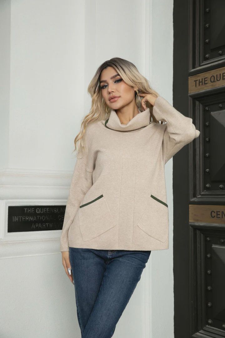 Hannah Turtle Neck Sweater, Size: S/M, Colour: Beige/Olive