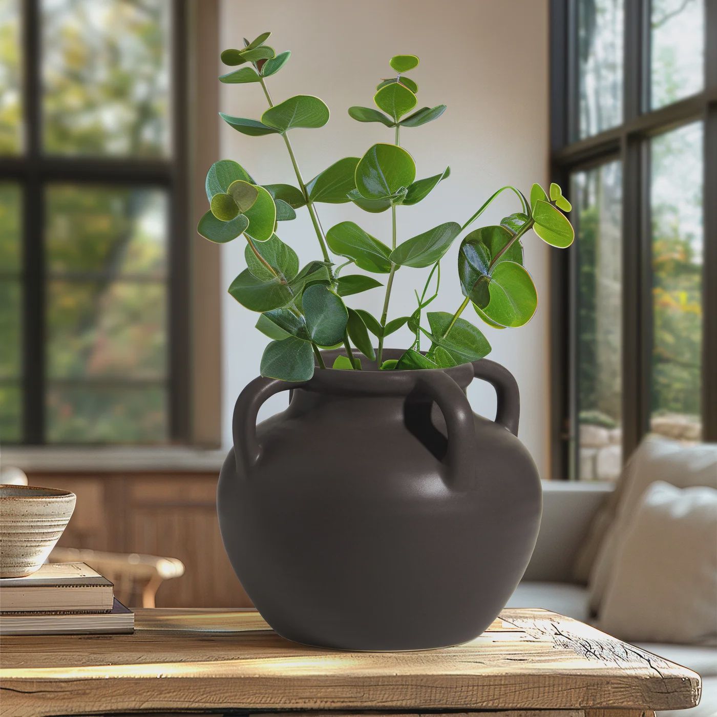 Capri Four Handle 6h&quot; Vase - Matte Brown