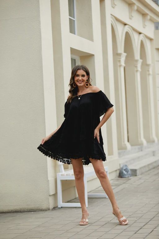 Relaxed Lace Off Shoulder Top/Dress, Colour: Black, Size: O/S