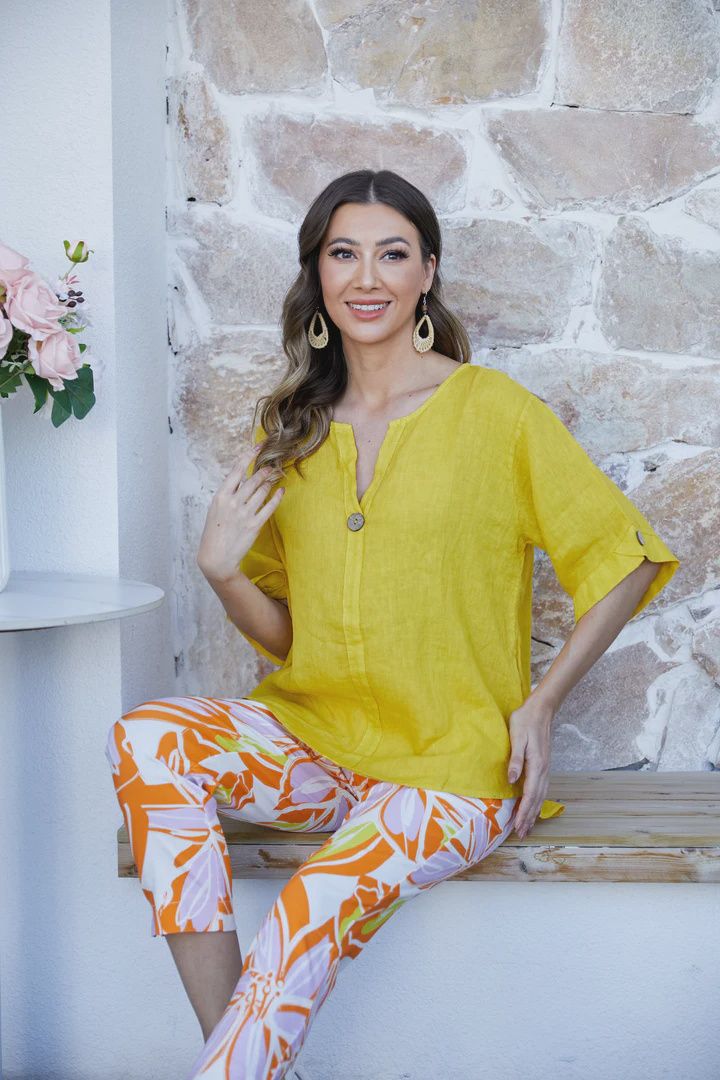 Wood Button Sleeve Linen Top, Colour: Yellow, Size: S/M
