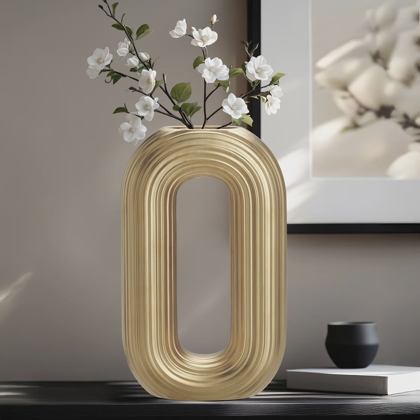 Circa Ceramic Matte Gold 13h&quot; Oval Ring Vase