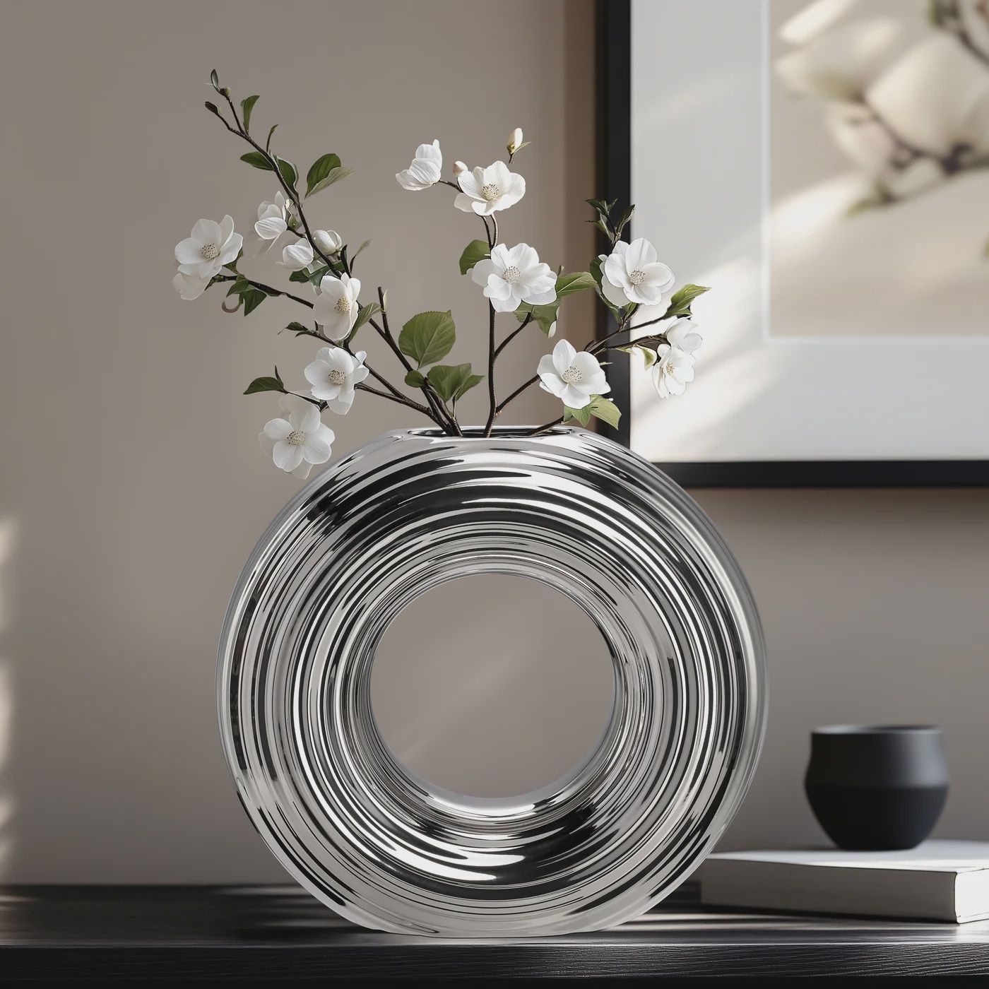 Circa Ceramic Shiny Silver 9h&quot; Round Ring Vase