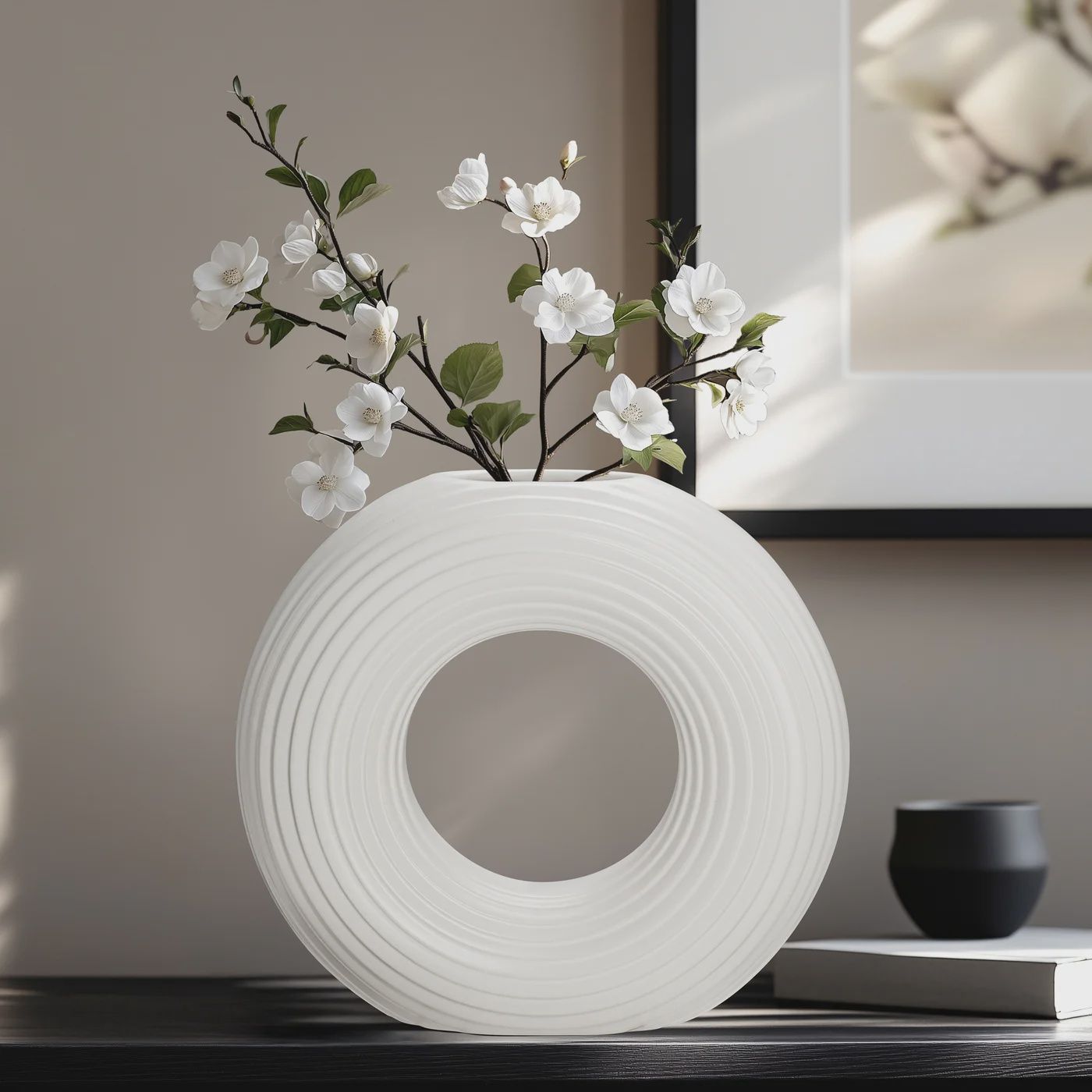 Circa Ceramic Matte White 9h&quot; Round Ring Vase