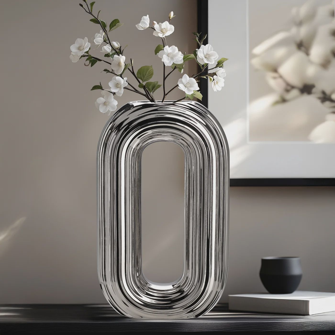 Circa Ceramic Shiny Silver 13h&quot; Oval Ring Vase