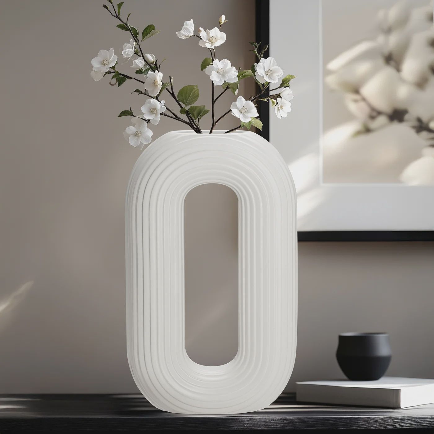 Circa Ceramic Matte White 13h&quot; Oval Ring Vase