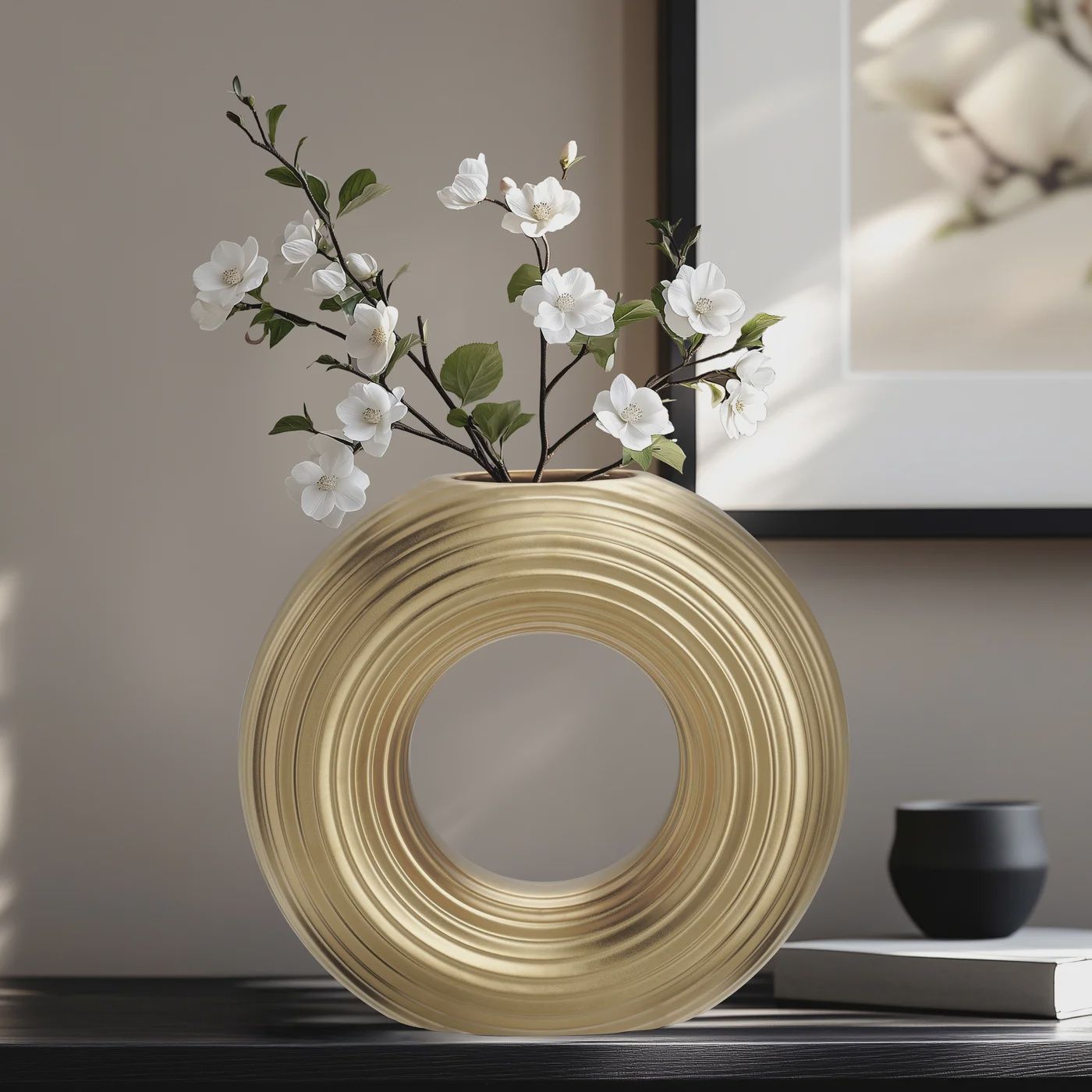 Circa Ceramic Matte Gold 9h&quot; Round Ring Vase