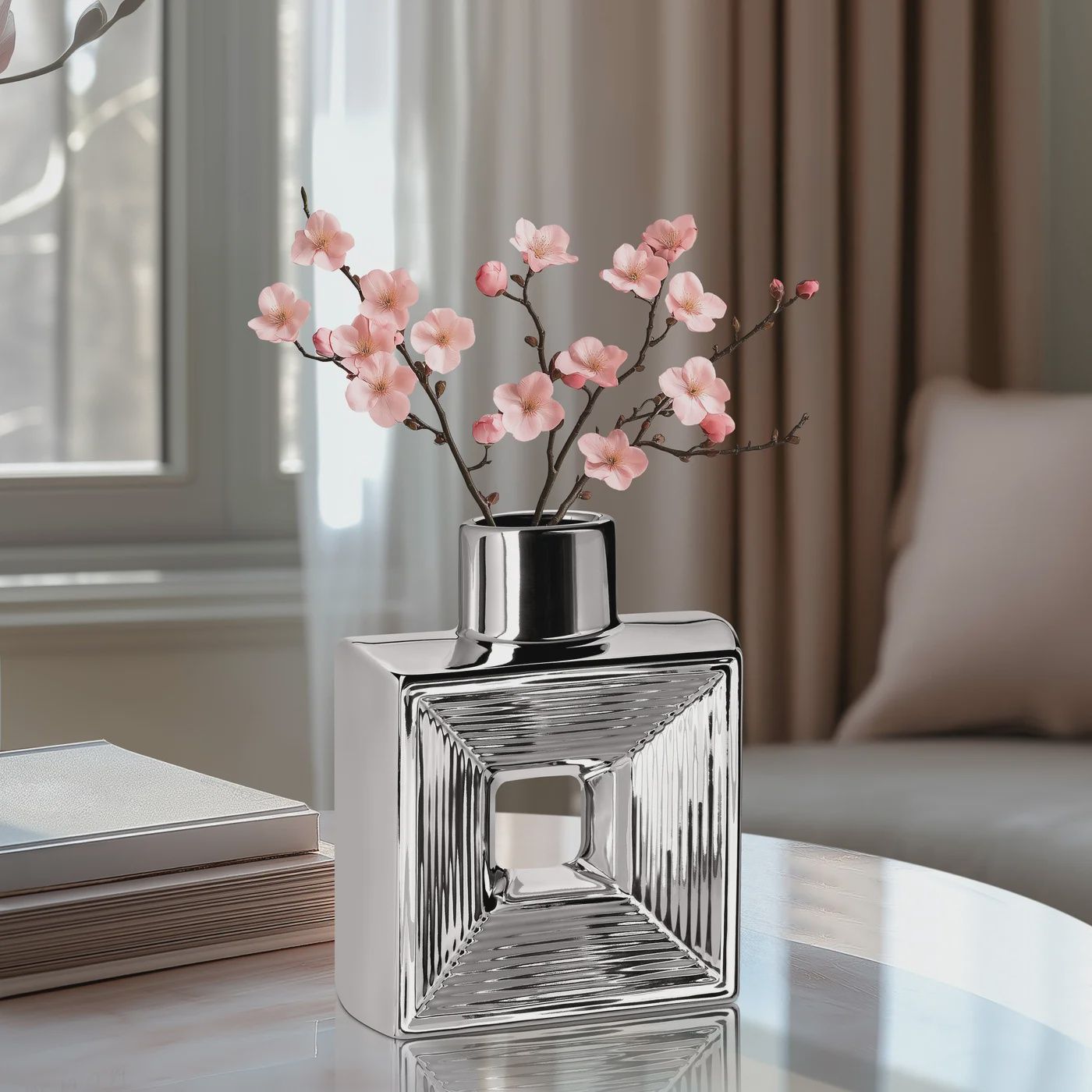 Rialto Shiny Silver 7.5h&quot; Square Ceramic Bottle Vase