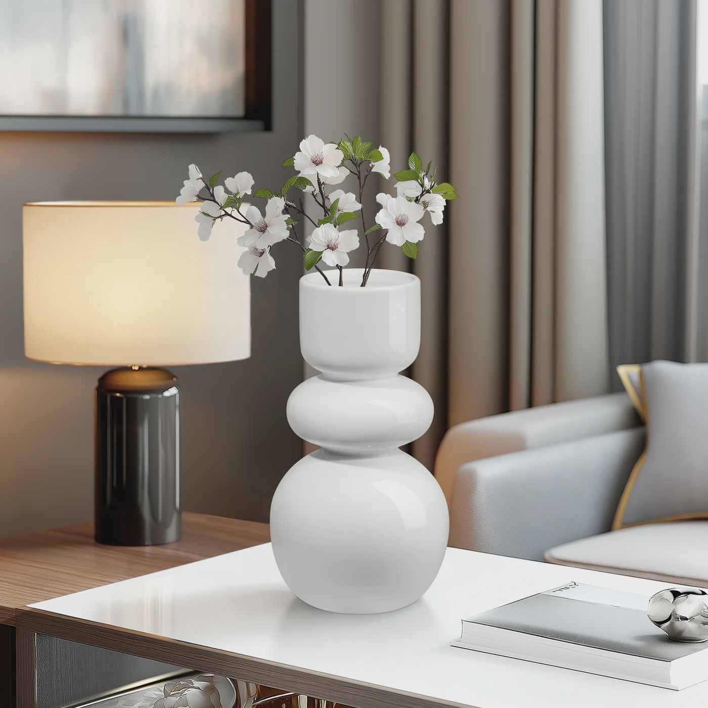 Sintra Double Bulb 10h&quot; Ceramic Vase - Shiny White