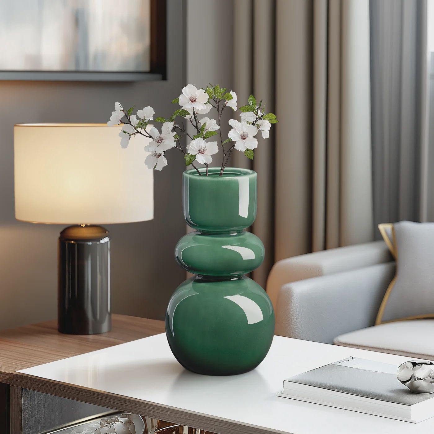 Sintra Double Bulb 10h&quot; Ceramic Vase - Shiny Green
