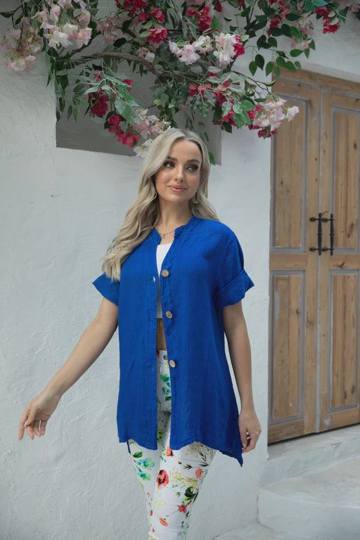 Rosie&#39;s Button Down Linen Top, Colour: Royal Blue, Size: S/M