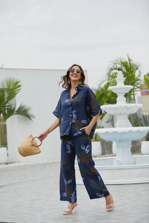 Pia&#39;s Linen Printed Pants, Colour: Navy, Size: S/M