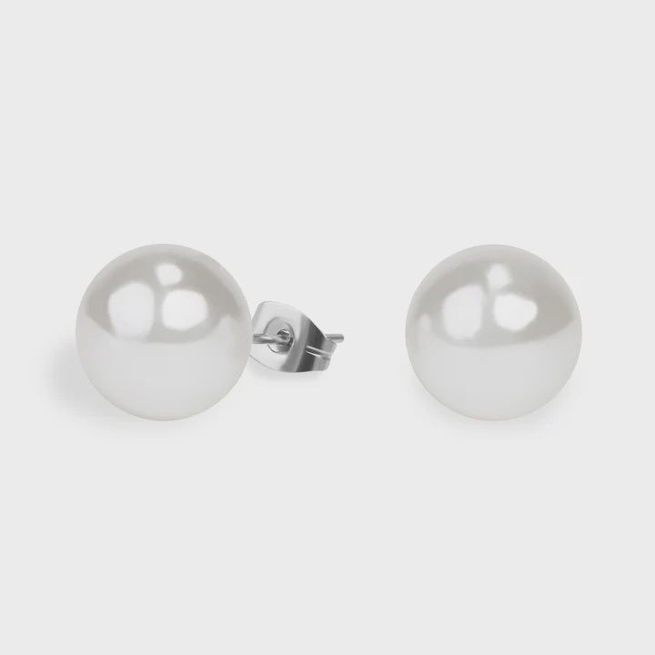 Stainless 12mm Pearl Stud Earrings - Silver