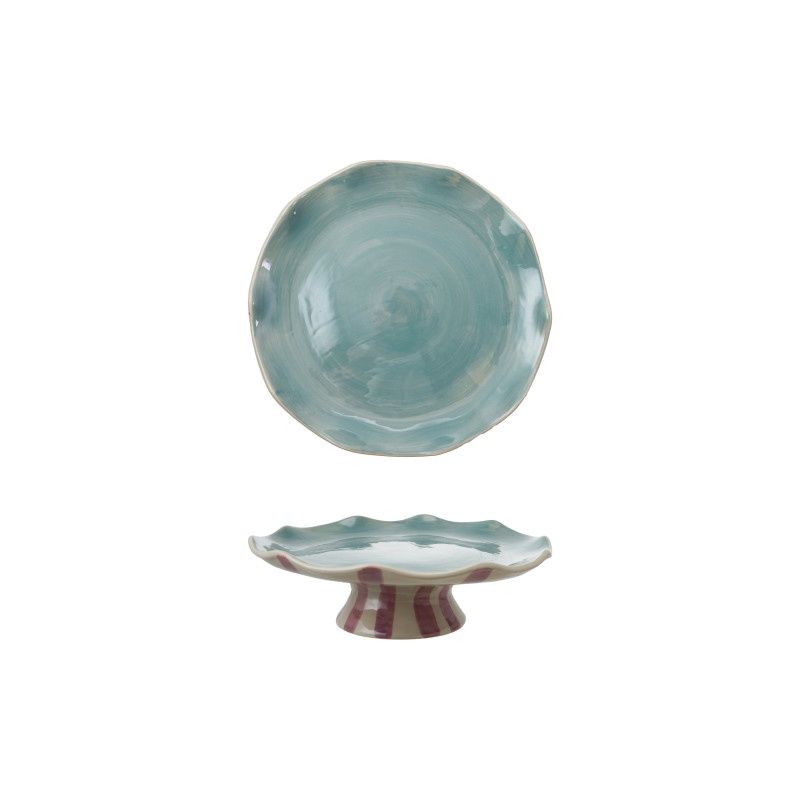 11&quot; Stoneware Pedestal w Stripes &amp; Ruffled Edge