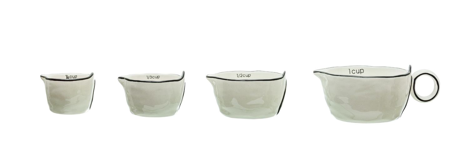 S/4 Stoneware Measuring Cups, White w/ Black Rim
