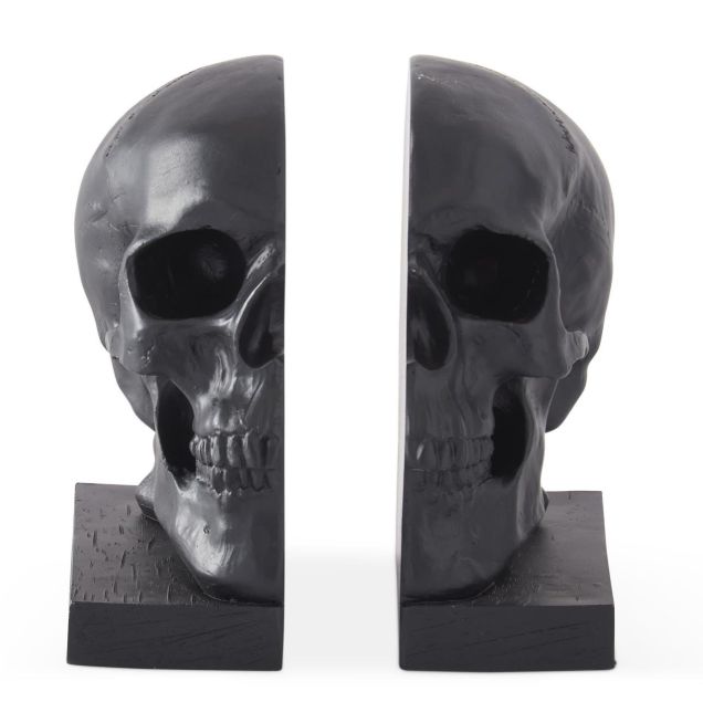 Set of 2 6.5 Inch Black Resin Skull Bookends