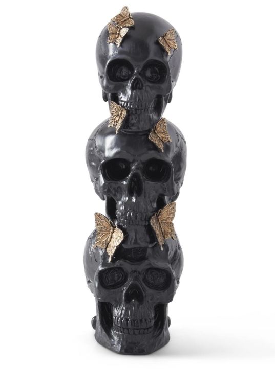 16&quot; Black Stacked Skulls w/Gold Butterflies