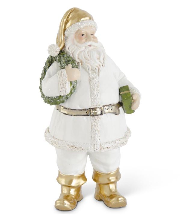 9&quot; White &amp; Gold Santa w/Wreath &amp; Package