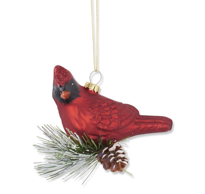 3.5&quot; Blown Glass Cardinal Ornament w/Pine
