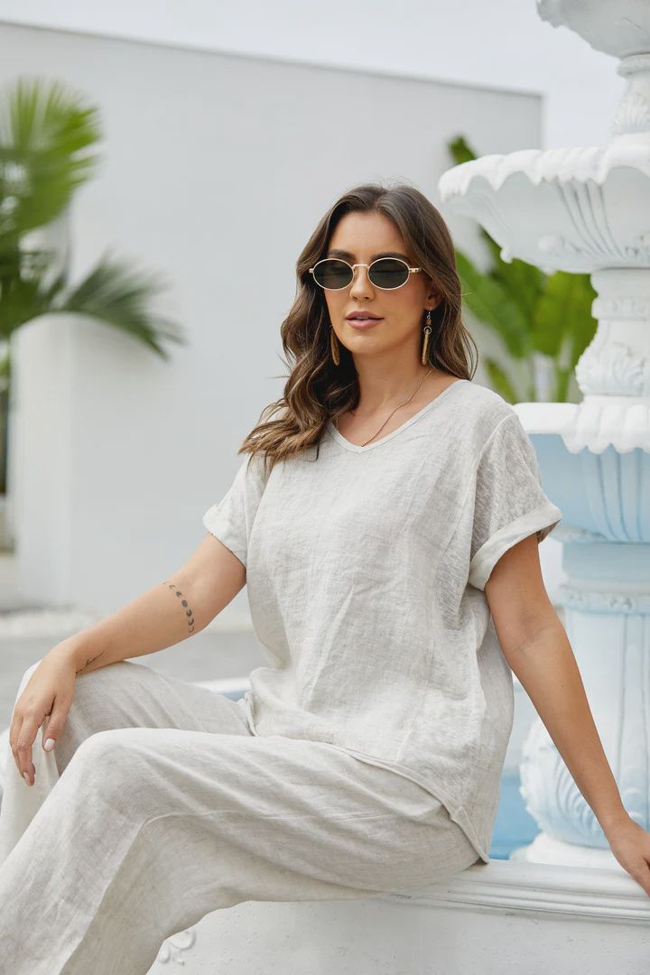 Breezy V-Neck Linen Tee, Colour: Beige, Size: S/M